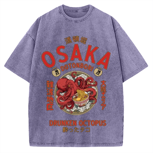 Osaka Drunken Octopus Eating Ramen Vintage Washed T-shirt
