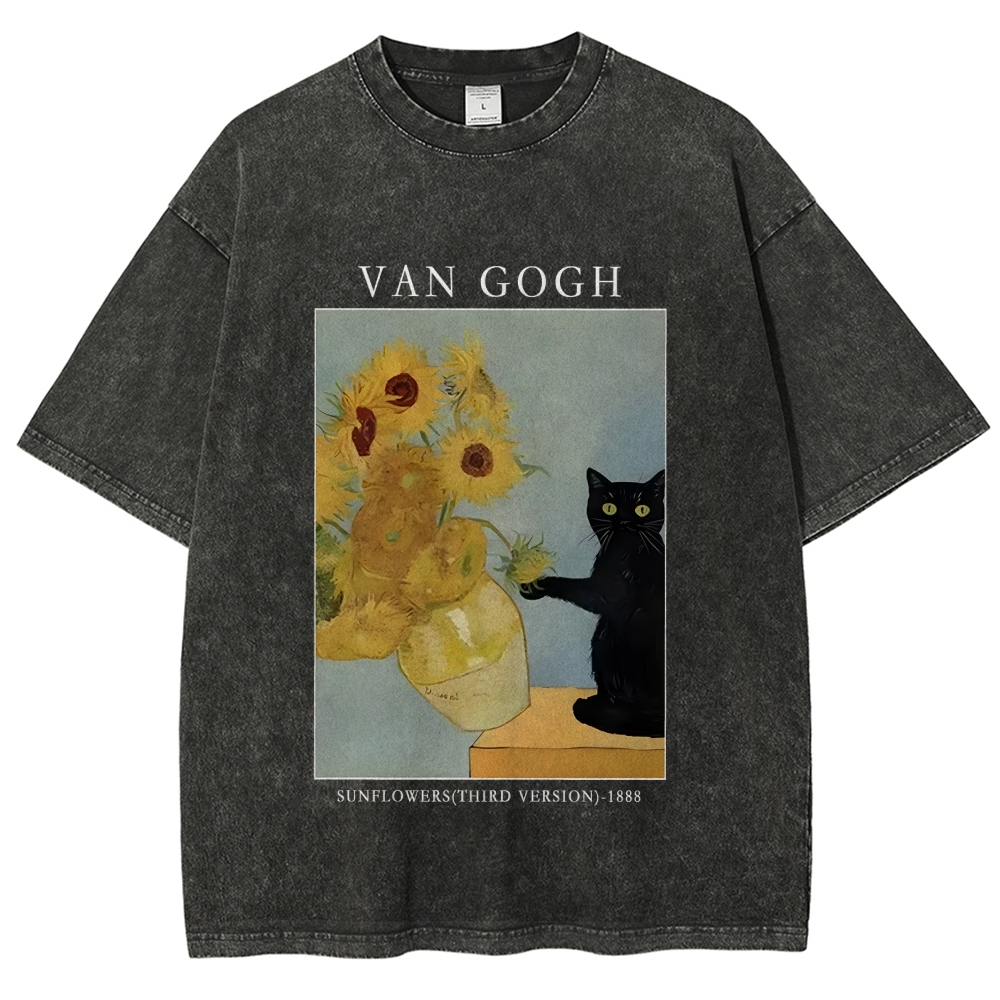 Black Cat With Sunflowers Washed T-Shirt