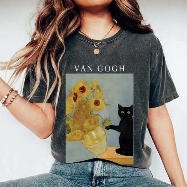 Black Cat With Sunflowers Washed T-Shirt