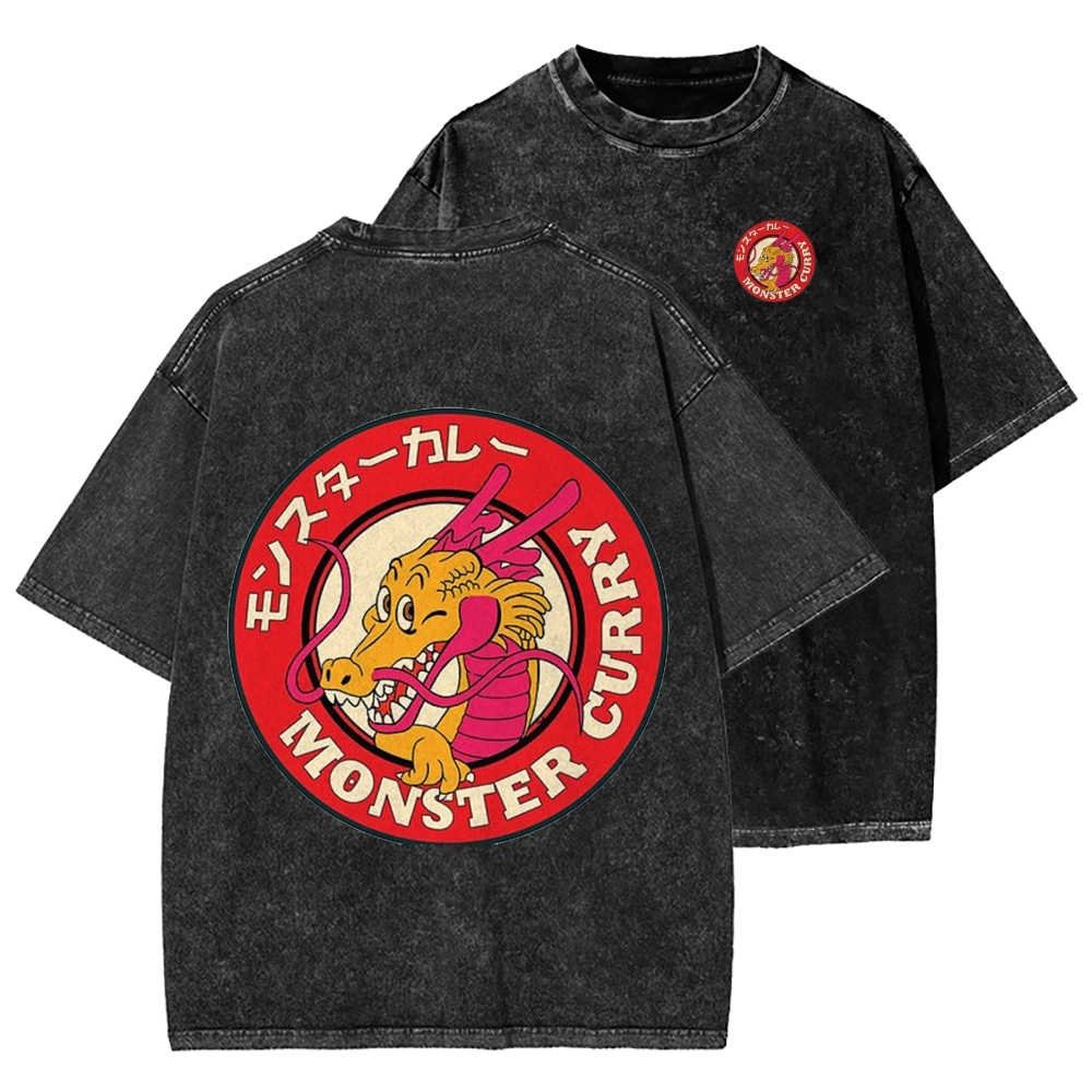 Unisex Japanese Dragon Ryuu Monster Curry Front And Back Printed Washed Tee