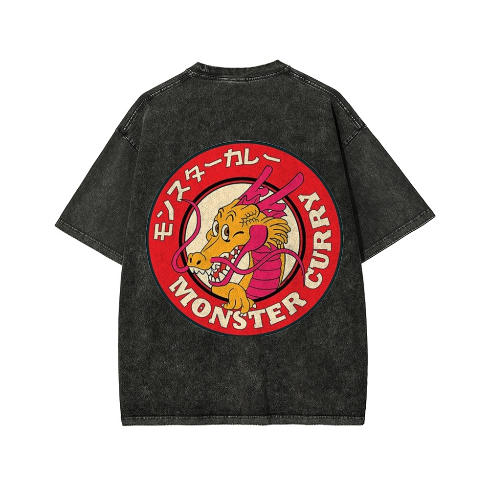 Unisex Japanese Dragon Ryuu Monster Curry Front And Back Printed Washed Tee