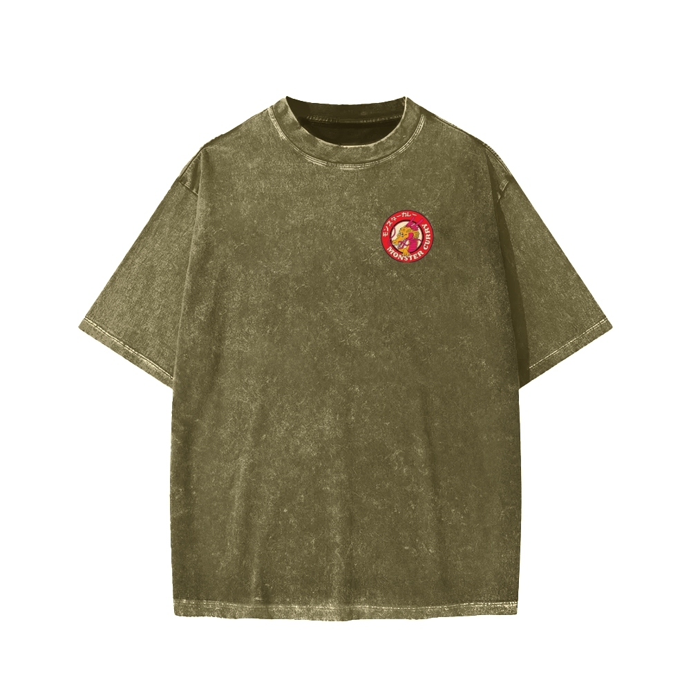 Unisex Japanese Dragon Ryuu Monster Curry Front And Back Printed Washed Tee