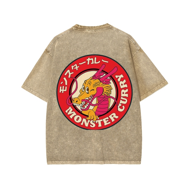 Unisex Japanese Dragon Ryuu Monster Curry Front And Back Printed Washed Tee