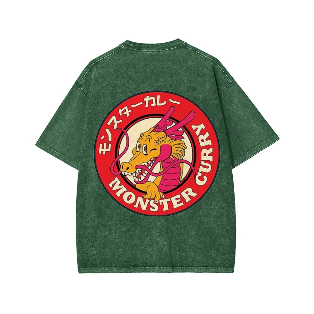 Unisex Japanese Dragon Ryuu Monster Curry Front And Back Printed Washed Tee