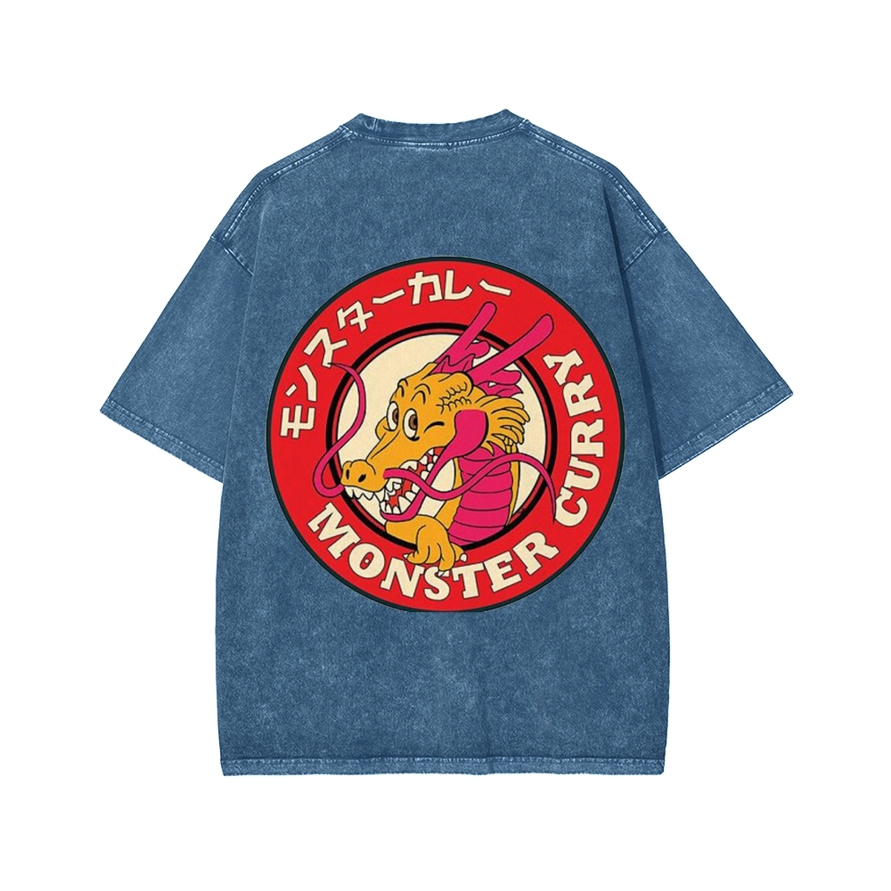 Unisex Japanese Dragon Ryuu Monster Curry Front And Back Printed Washed Tee
