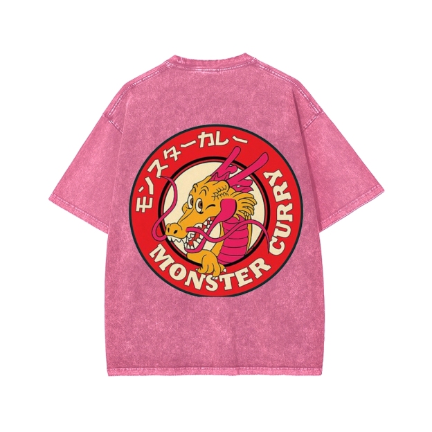 Unisex Japanese Dragon Ryuu Monster Curry Front And Back Printed Washed Tee