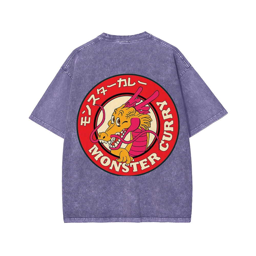 Unisex Japanese Dragon Ryuu Monster Curry Front And Back Printed Washed Tee