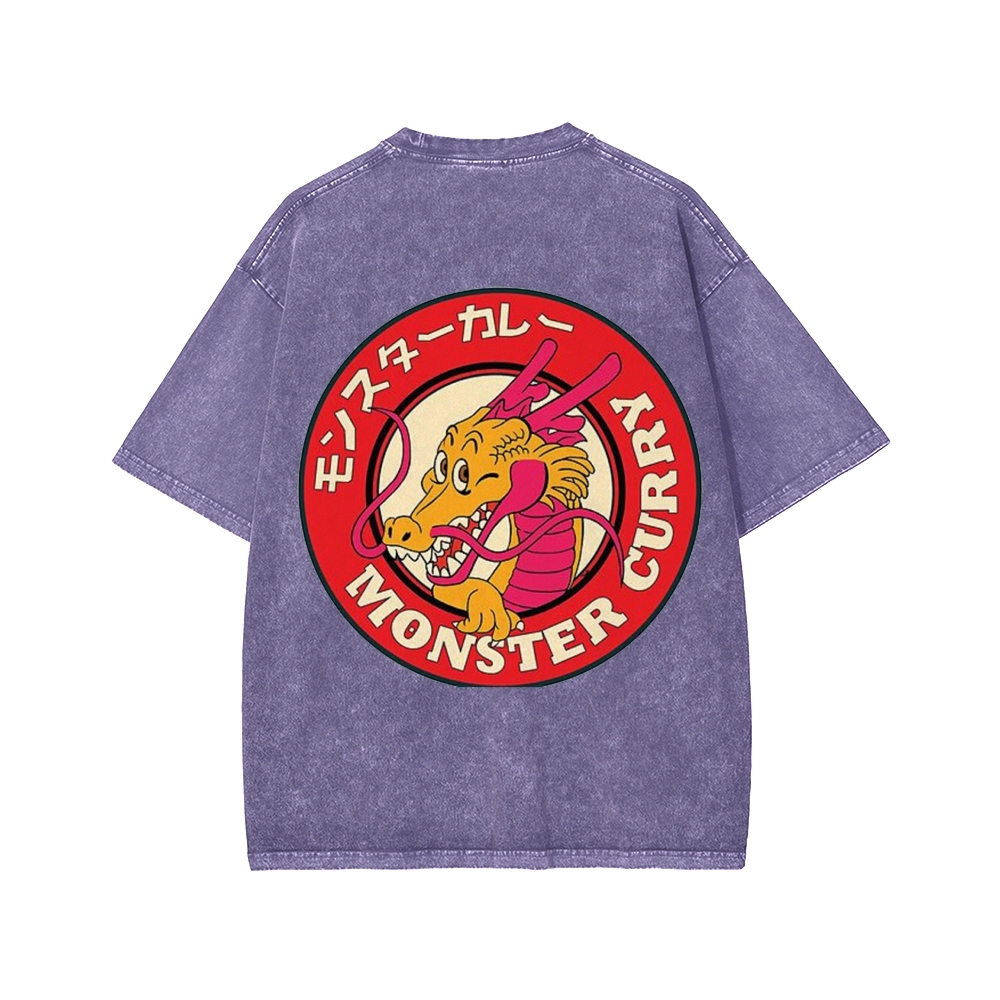 Unisex Japanese Dragon Ryuu Monster Curry Front And Back Printed Washed Tee