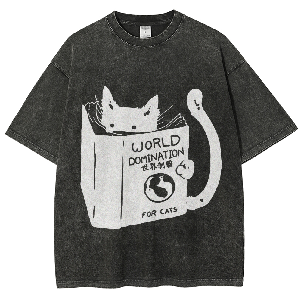 Cat Reading Book World Domination For Cat Funny meme Vintage Washed T-shirt