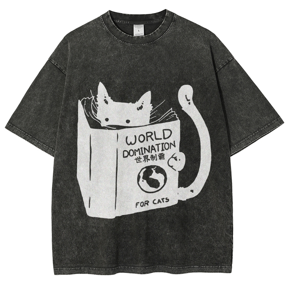 Cat Reading Book World Domination For Cat Funny meme Vintage Washed T-shirt