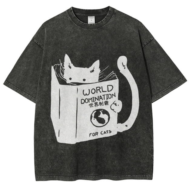 Cat Reading Book World Domination For Cat Funny meme Vintage Washed T-shirt