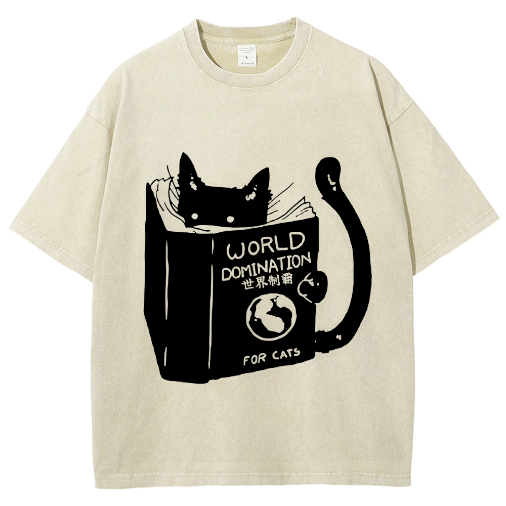 Cat Reading Book World Domination For Cat Funny meme Vintage Washed T-shirt