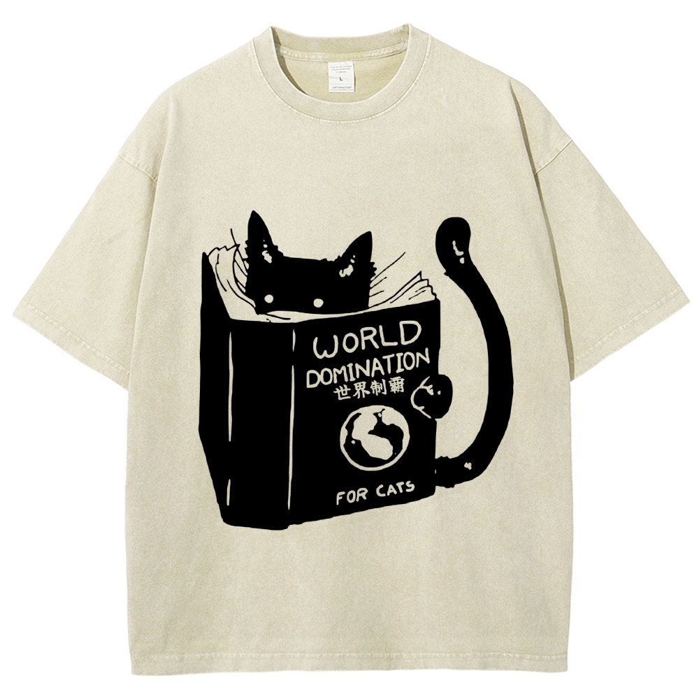 Cat Reading Book World Domination For Cat Funny meme Vintage Washed T-