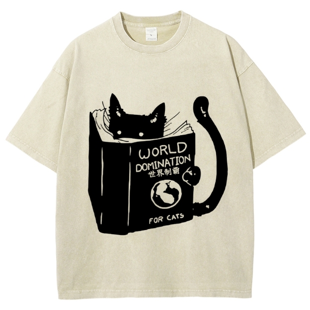 Cat Reading Book World Domination For Cat Funny meme Vintage Washed T-shirt