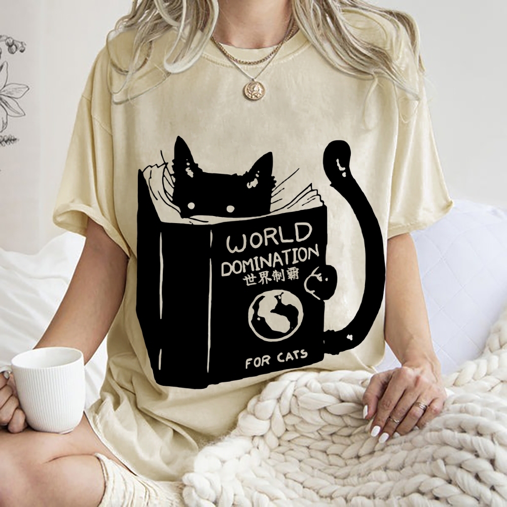 Cat Reading Book World Domination For Cat Funny meme Vintage Washed T-shirt