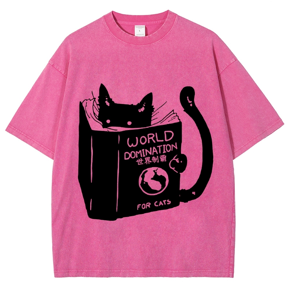 Cat Reading Book World Domination For Cat Funny meme Vintage Washed T-shirt