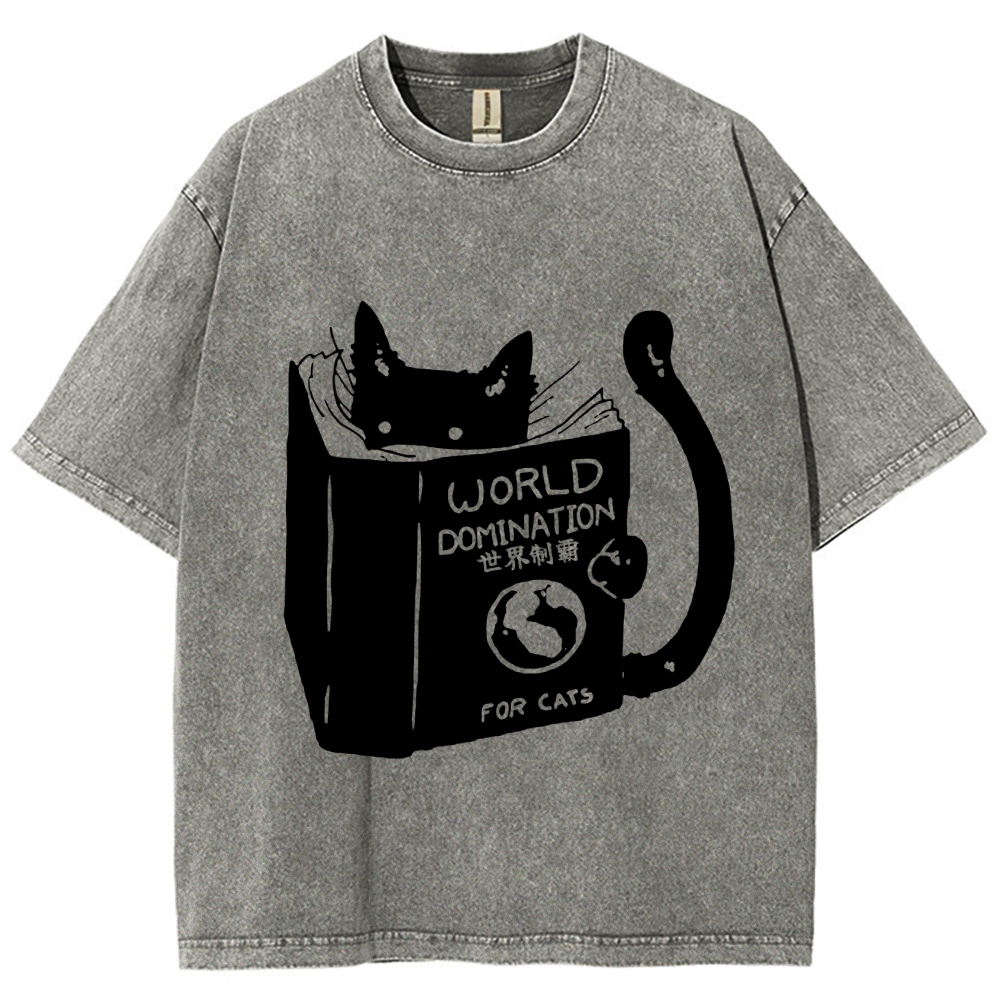 Cat Reading Book World Domination For Cat Funny meme Vintage Washed T-shirt