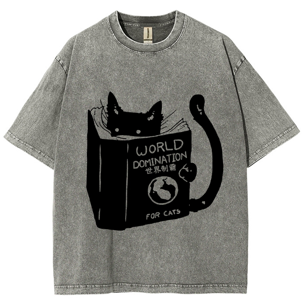 Cat Reading Book World Domination For Cat Funny meme Vintage Washed T-shirt