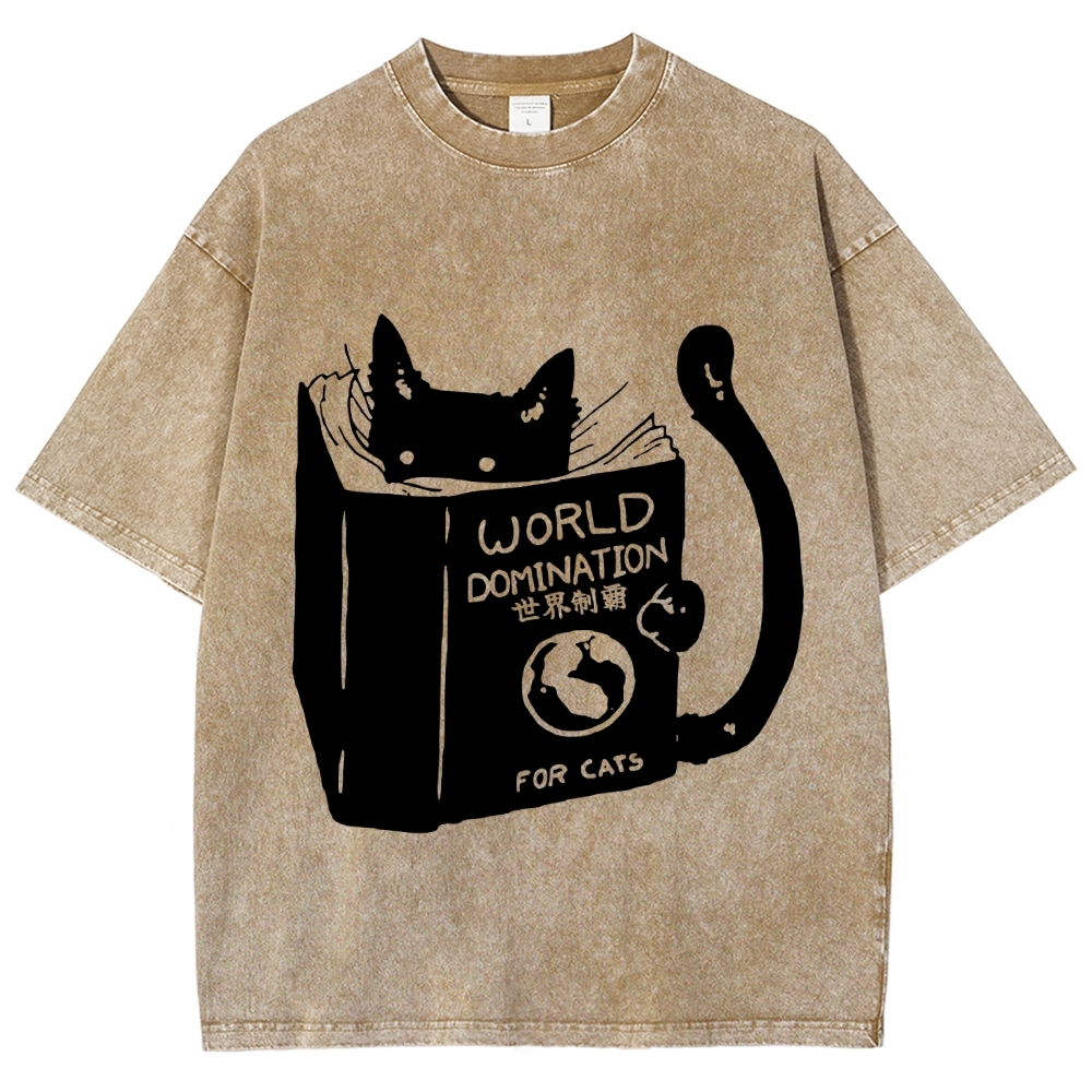 Cat Reading Book World Domination For Cat Funny meme Vintage Washed T-shirt