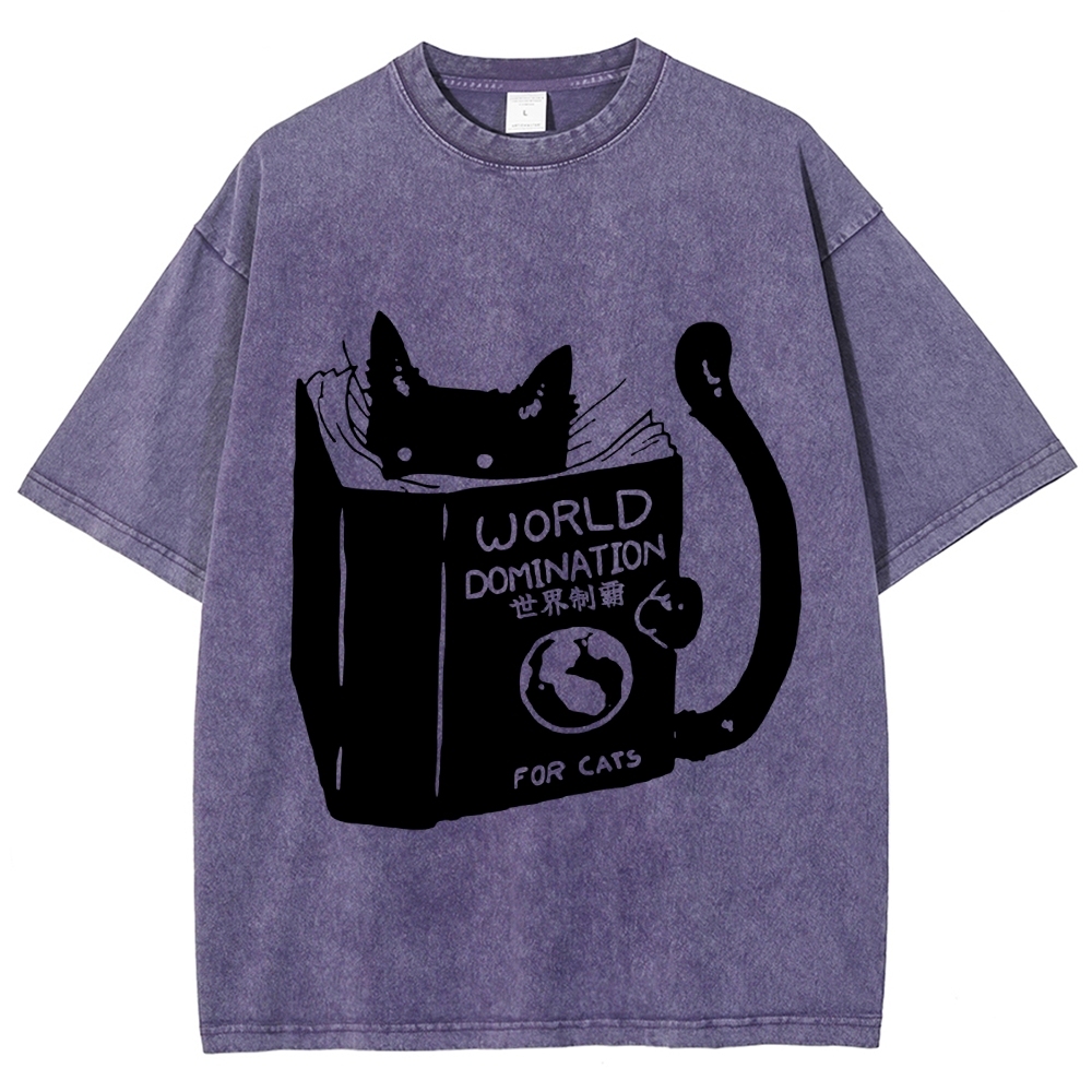 Cat Reading Book World Domination For Cat Funny meme Vintage Washed T-shirt