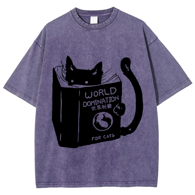 Cat Reading Book World Domination For Cat Funny meme Vintage Washed T-shirt