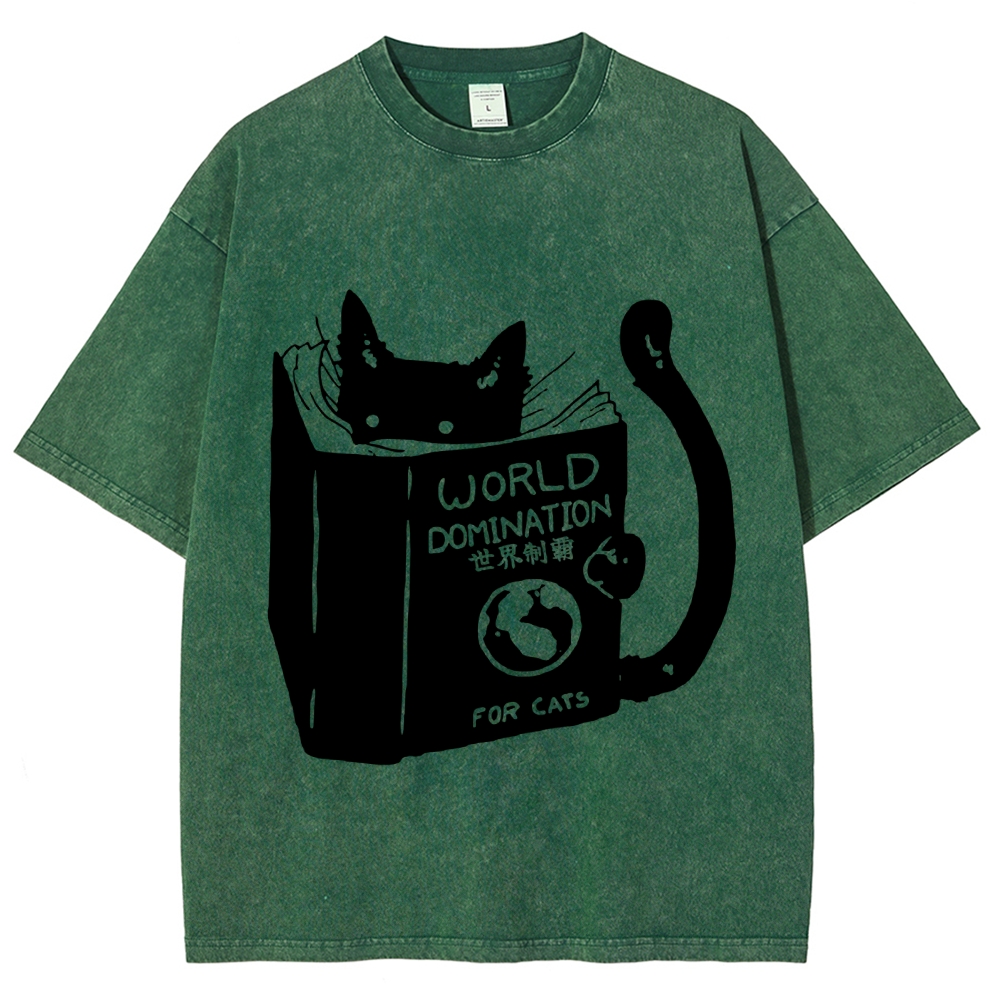 Cat Reading Book World Domination For Cat Funny meme Vintage Washed T-shirt