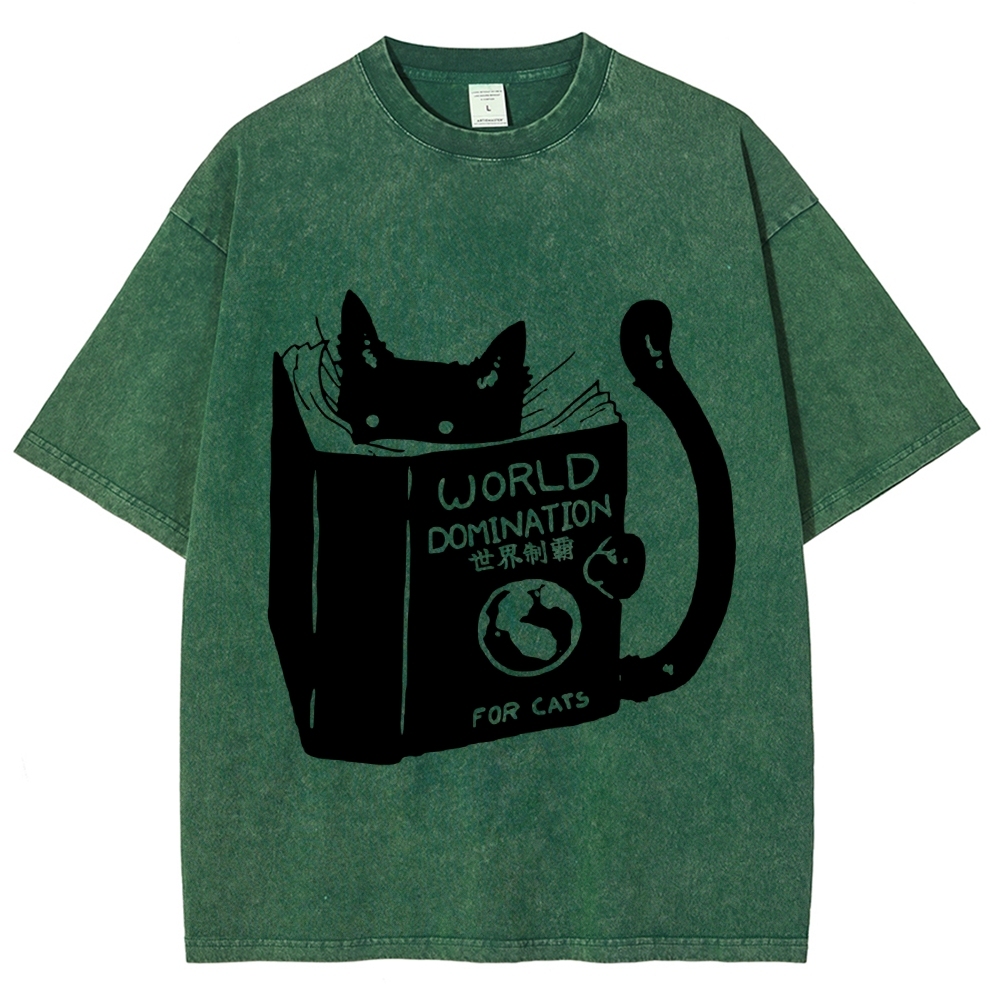 Cat Reading Book World Domination For Cat Funny meme Vintage Washed T-shirt