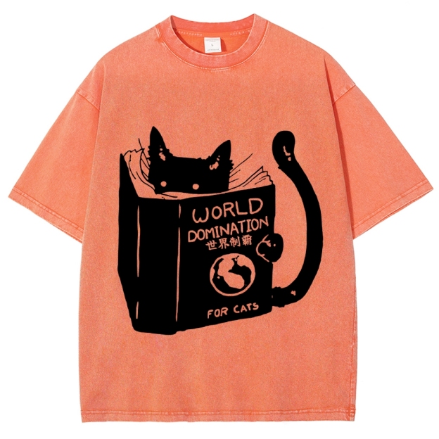 Cat Reading Book World Domination For Cat Funny meme Vintage Washed T-shirt
