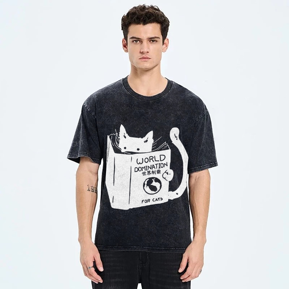 Cat Reading Book World Domination For Cat Funny meme Vintage Washed T-shirt