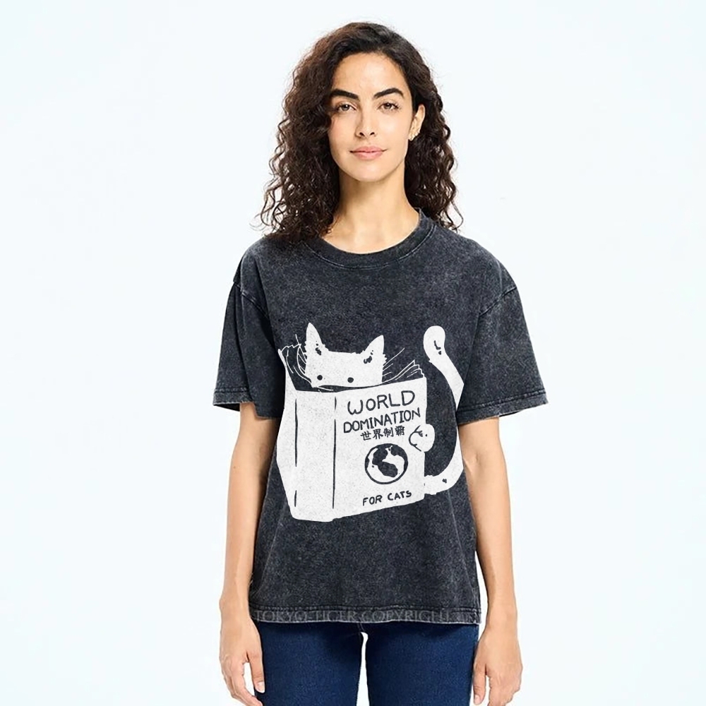 Cat Reading Book World Domination For Cat Funny meme Vintage Washed T-shirt