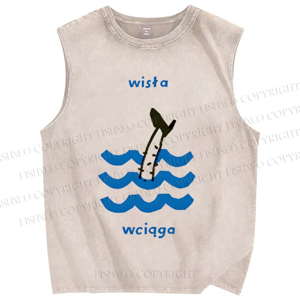 Unisex Waves Fish Printed Washed Tank Top