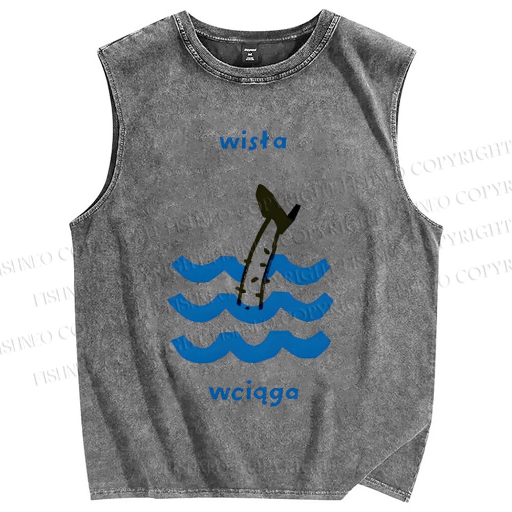 Unisex Waves Fish Printed Washed Tank Top