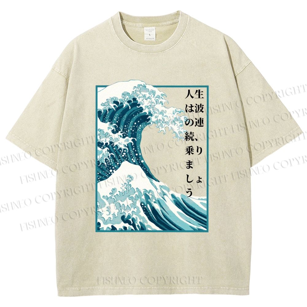 Unisex Japanese Waves Printed Washed Tee