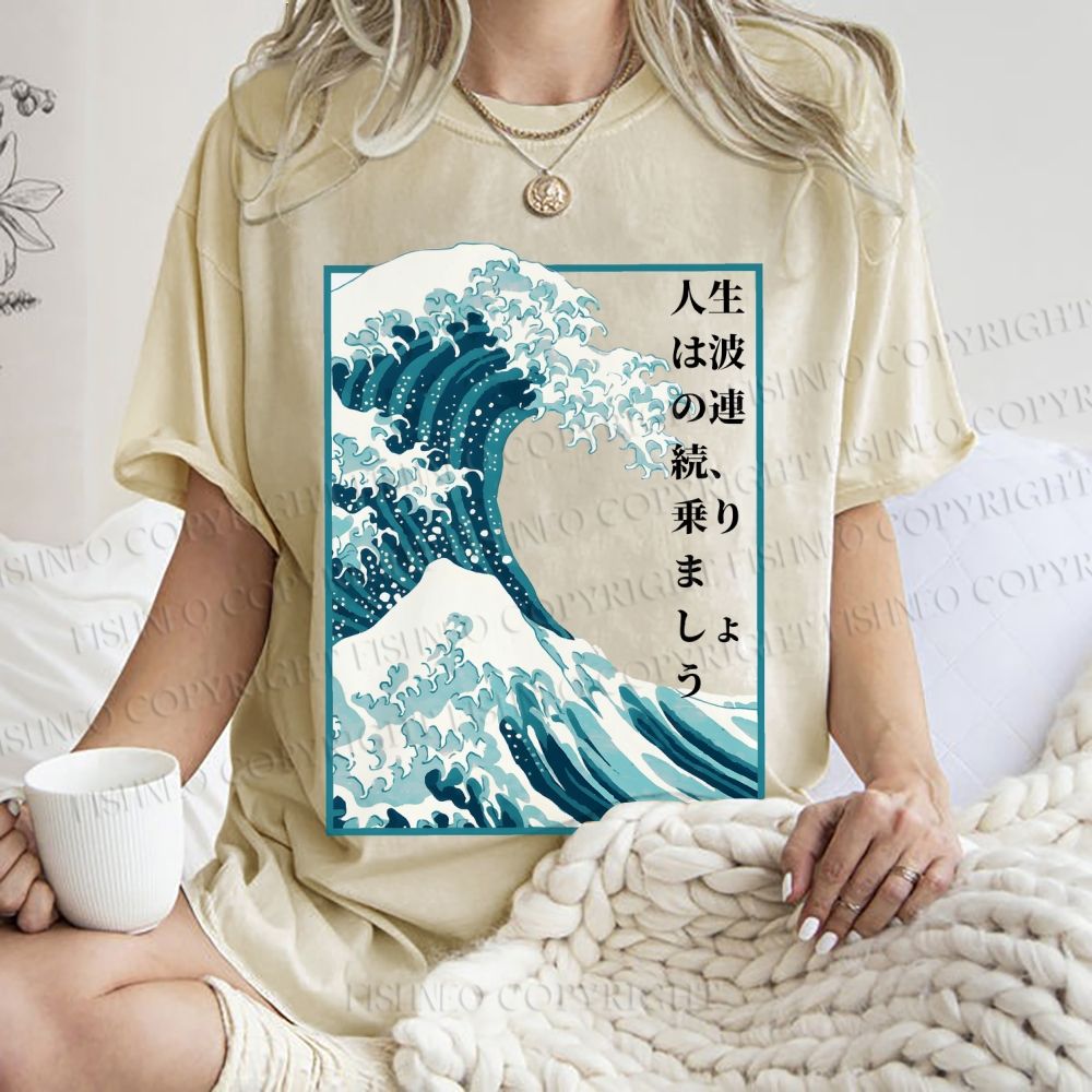 Unisex Japanese Waves Printed Washed Tee