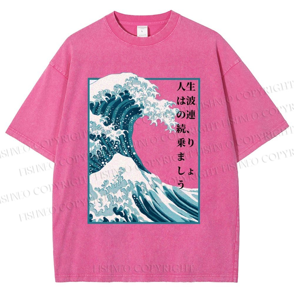 Unisex Japanese Waves Printed Washed Tee
