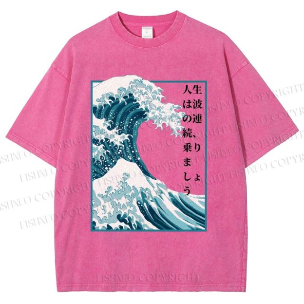 Unisex Japanese Waves Printed Washed Tee
