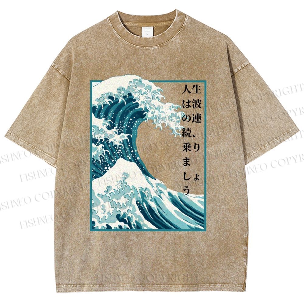 Unisex Japanese Waves Printed Washed Tee