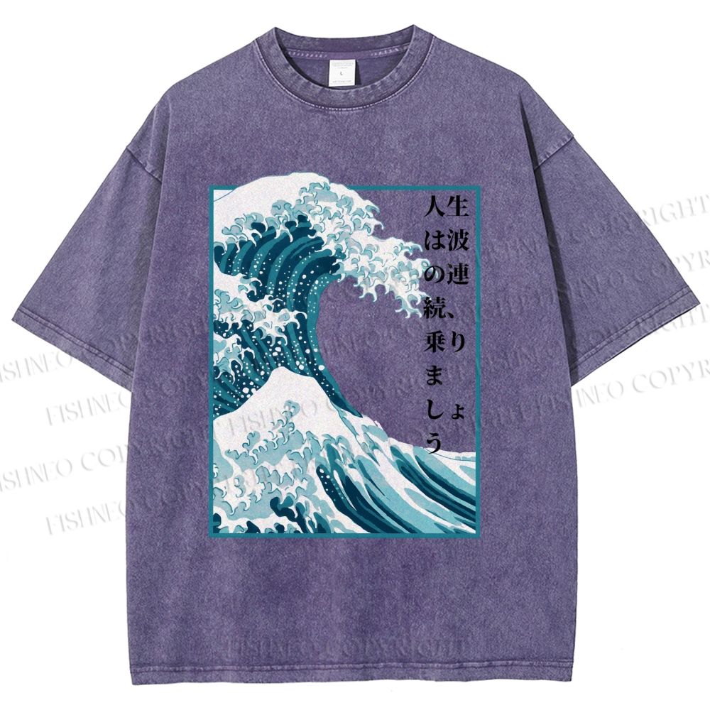 Unisex Japanese Waves Printed Washed Tee