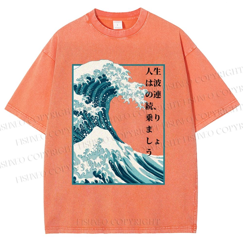 Unisex Japanese Waves Printed Washed Tee