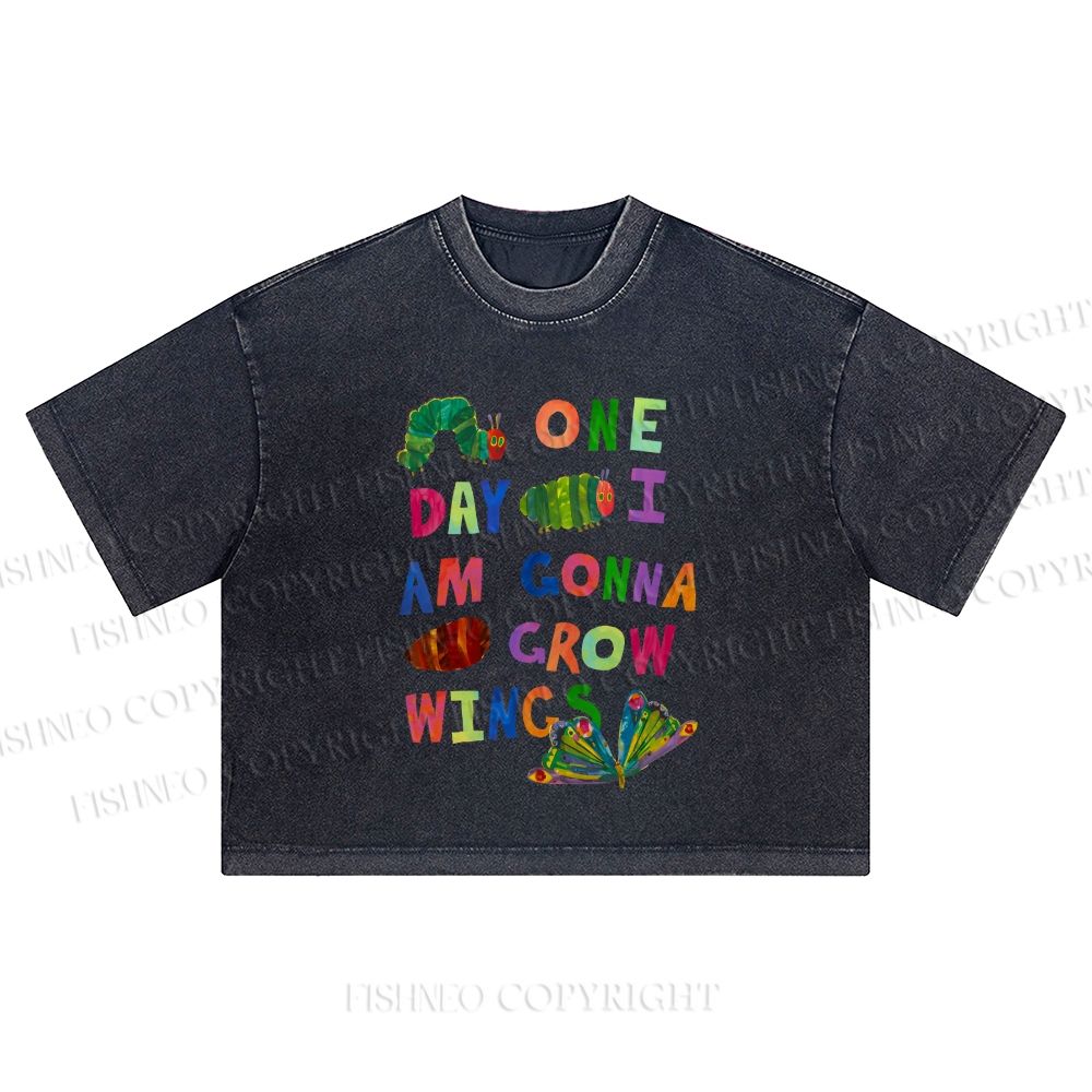 Cartoon Caterpillar Butterfly Printed Washed Cropped T-Shirt