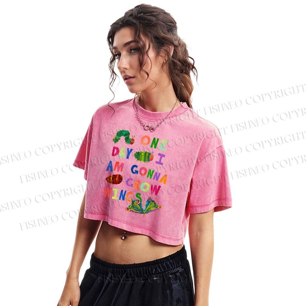 Cartoon Caterpillar Butterfly Printed Washed Cropped T-Shirt