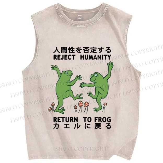 Unisex Funny Frog Reject Humanity Return To Frog Printed Washed Tank Top