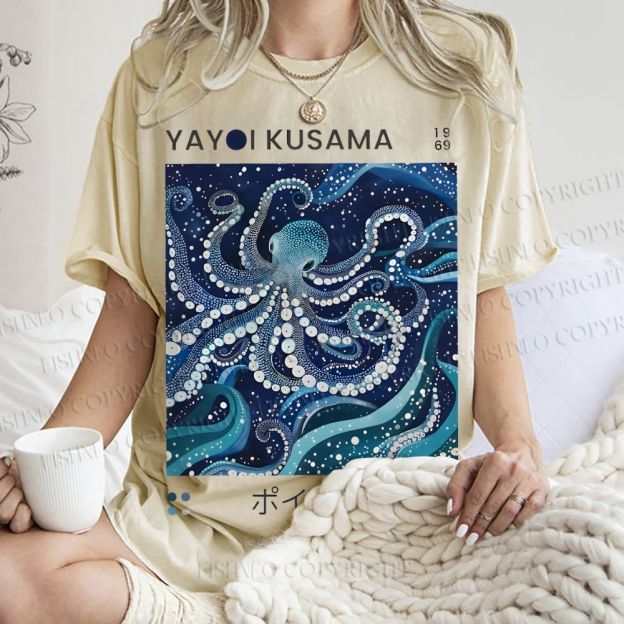 Unisex Yayoi Kusama Octopus Printed Washed Tee