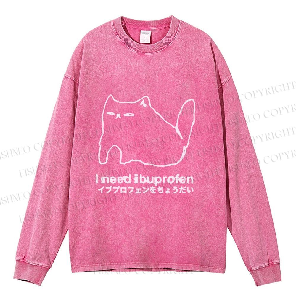 Unisex I need ibuprofen Cat Vintage Casual Washed Printed Long Sleeve T-shirt