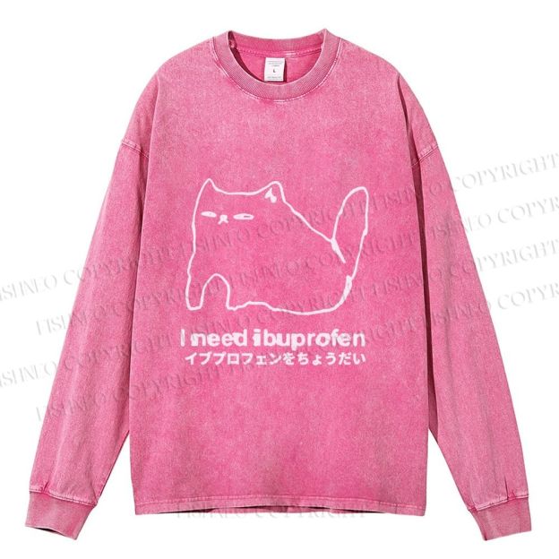 Unisex I need ibuprofen Cat Vintage Casual Washed Printed Long Sleeve T-shirt