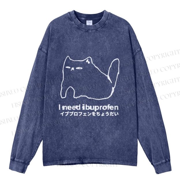 Unisex I need ibuprofen Cat Vintage Casual Washed Printed Long Sleeve T-shirt