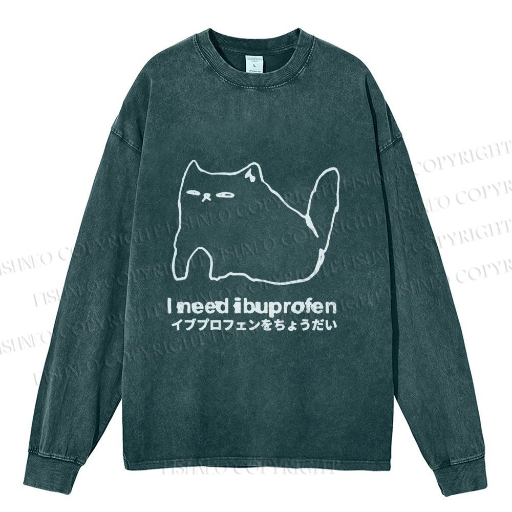 Unisex I need ibuprofen Cat Vintage Casual Washed Printed Long Sleeve T-shirt