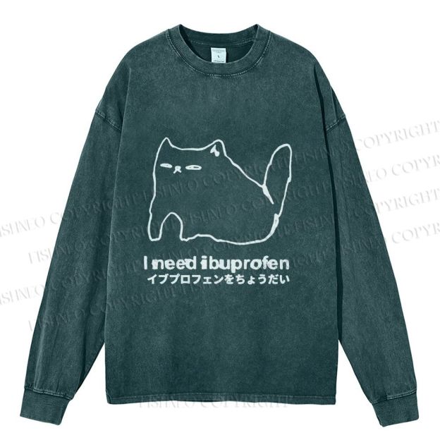 Unisex I need ibuprofen Cat Vintage Casual Washed Printed Long Sleeve T-shirt