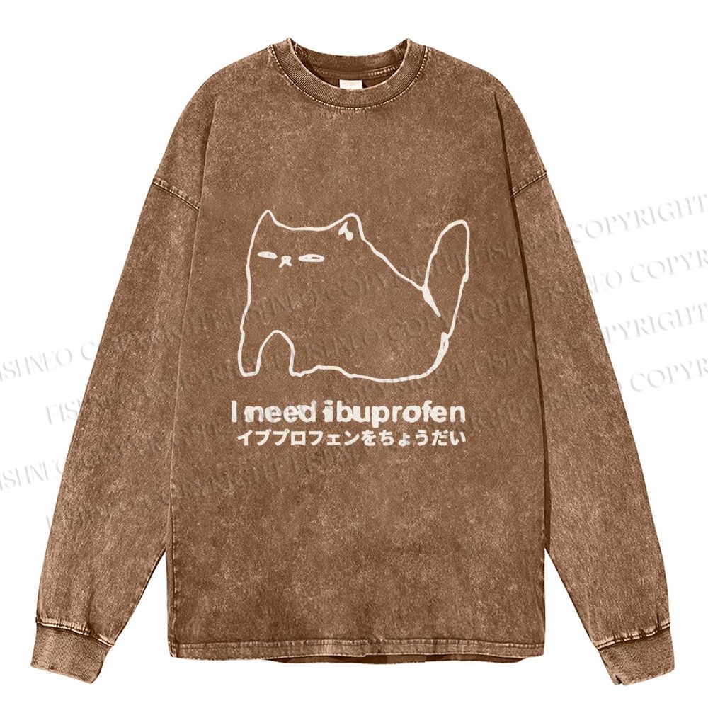 Unisex I need ibuprofen Cat Vintage Casual Washed Printed Long Sleeve T-shirt