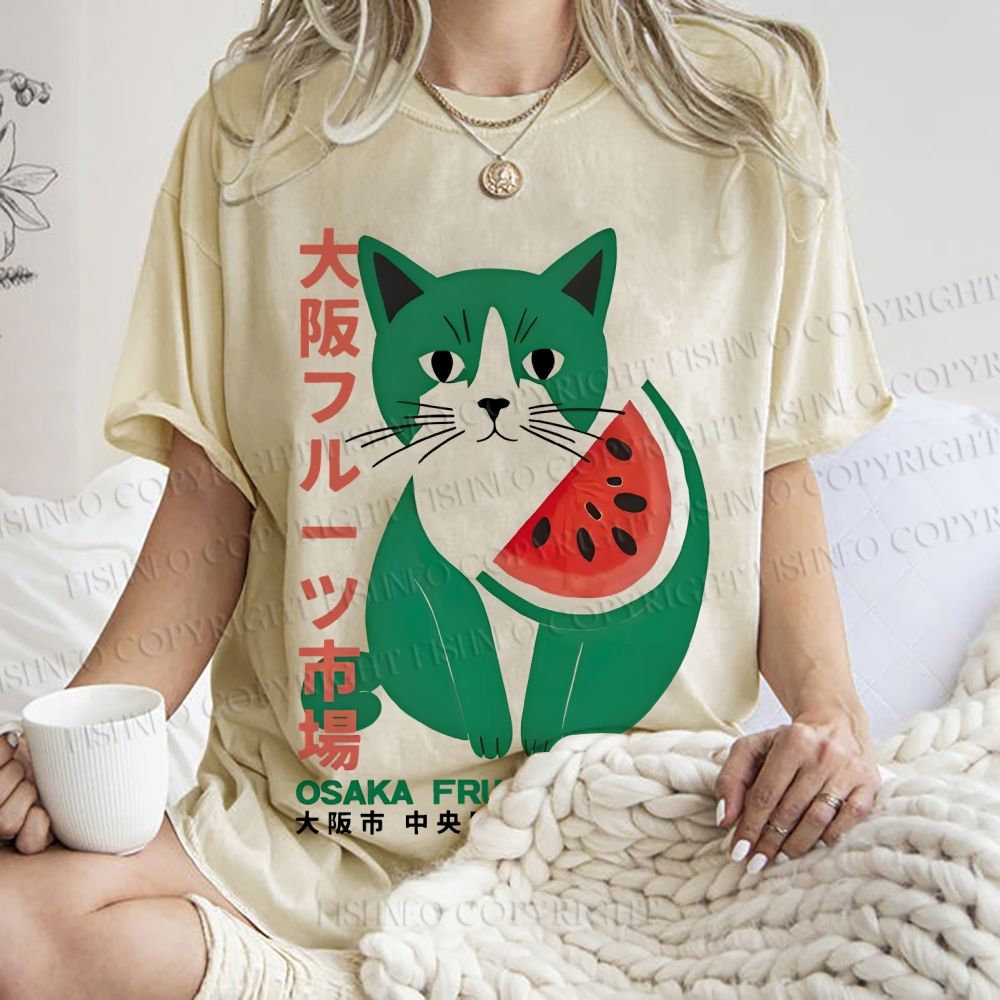 Unisex Vintage Japanese Osaka Fruit Market Cat Printed Washed Tee